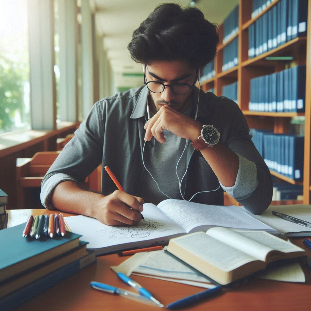 SBI PO aspirant preparing for SBI PO Prelims and Mains Examinations 2025 in a library